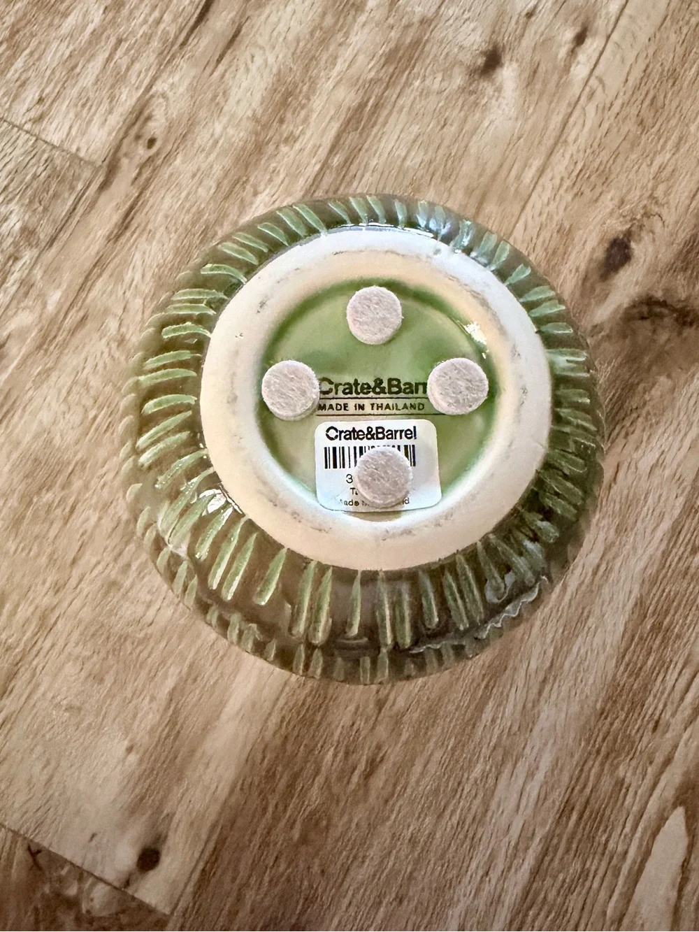 Crate&Barrel Olive Green Ceramic Vase with Textured Stripe Pattern
